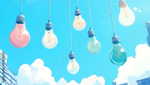 Colorful lightbulbs hanging against a bright blue sky with fluffy clouds, creating a cheerful and creative atmosphere.