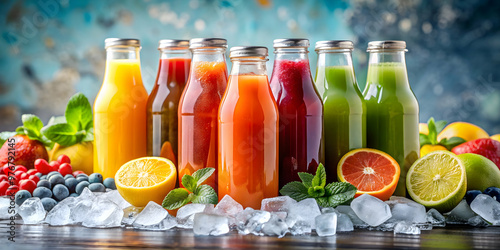 Refreshing bottles of fresh fruit juice with ice, with a variety of colorful fruits in the background , healthy, nutrition