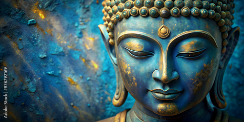 Intimate close-up of a textured blue Buddha face with golden accents showing serenity and spirituality, Buddha photo