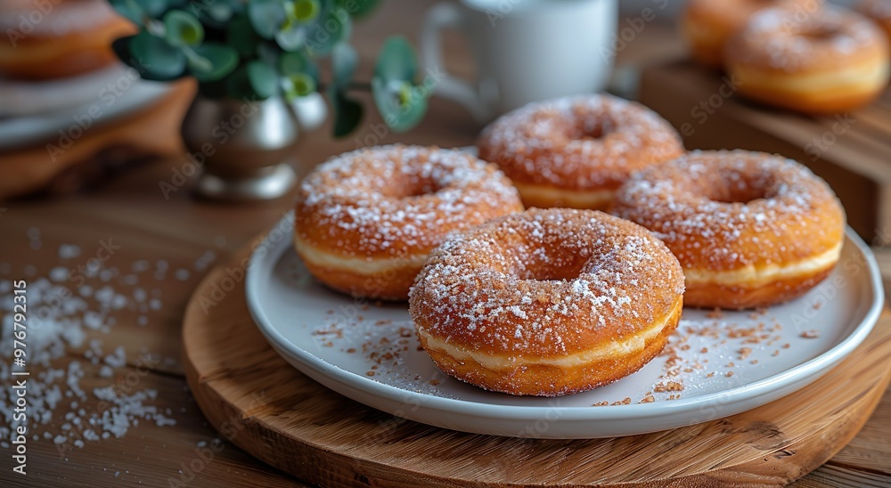 A plate of four donuts with powdered sugar on top. Homemade dessert background A plate of four donuts with powdered sugar on top. Homemade dessert background