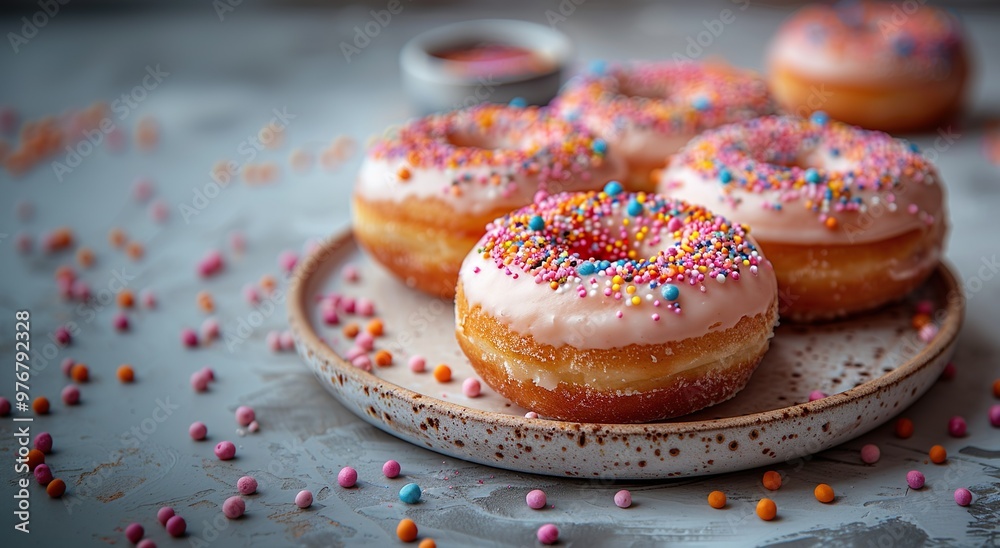 A plate of four donuts with colorful sprinkles on top. Delicious dessert background with copy space A plate of four donuts with colorful sprinkles on top. Delicious dessert background with copy space