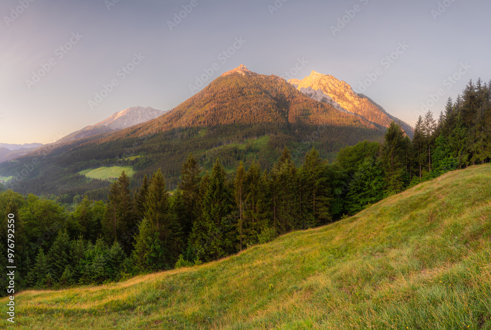 Fototapeta premium Meadow with road and bench during sunset in Berchtesgaden National Park