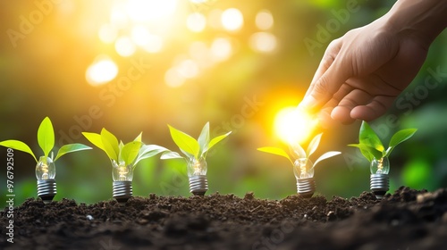 Hand planting light bulb-shaped containers with small plants, symbolizing green energy and sustainable growth under the bright sunlight.