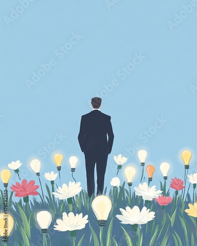 Illustration of a man in a suit standing in a field of flowers and light bulbs against a blue sky, symbolizing creativity and innovation.