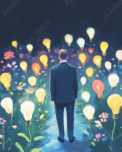 Illustration of a man in a suit walking among colorful, glowing light bulbs in a dark, floral field, representing creativity and inspiration.