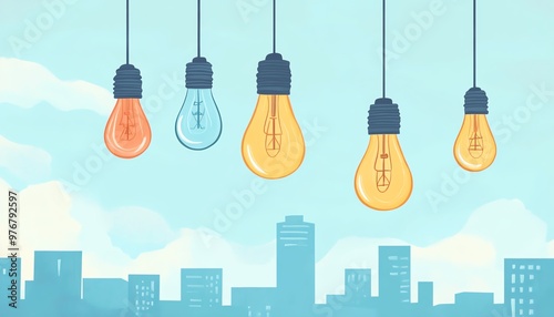 Illustration of hanging light bulbs with a cityscape background. Concept of innovation and creativity. Suitable for various design projects.