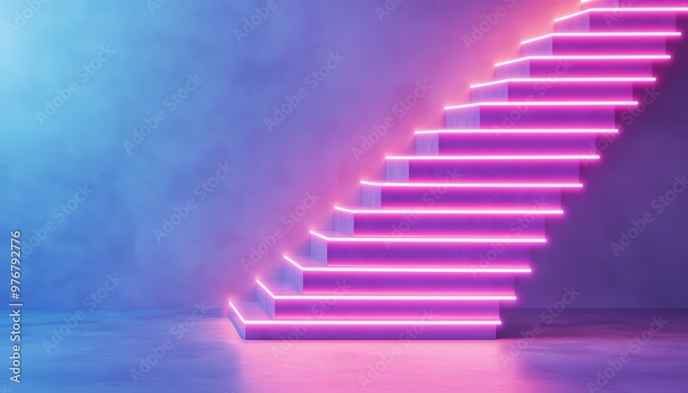 Modern staircase illuminated by vibrant neon lighting against a gradient wall, creating a futuristic and stylish visual appeal. Modern staircase illuminated by vibrant neon lighting against a gradient wall, creating a futuristic and stylish visual appeal.