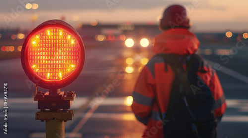 young man standing with Ground Crew Signals at Airport photo