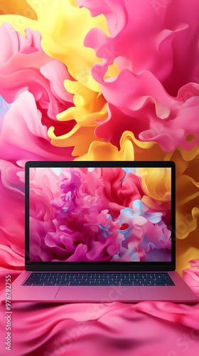 Modern laptop with colorful abstract background, showcasing vibrant hues of pink, yellow, and blue. Perfect for creative digital projects.