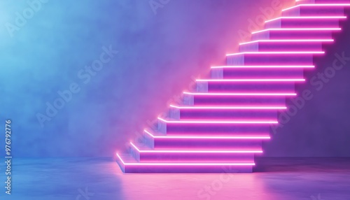 Modern staircase illuminated by vibrant neon lighting against a gradient wall, creating a futuristic and stylish visual appeal.