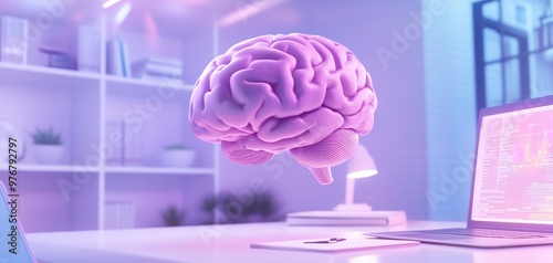 Purple brain hologram in modern office with computer, symbolizing AI, innovation, and futuristic technology.