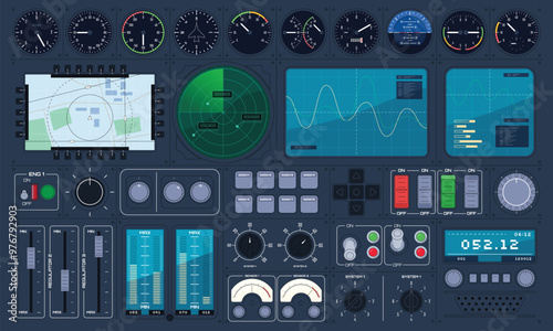 A set of control panel elements. Various measurement sensors. Aircraft, rotorcraft, station control. Various switches, buttons, measuring devices. Vector illustration