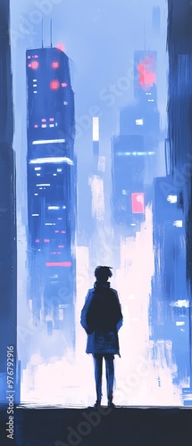 Silhouette of a person standing in front of futuristic cityscape with glowing skyscrapers in a cold blue ambiance.