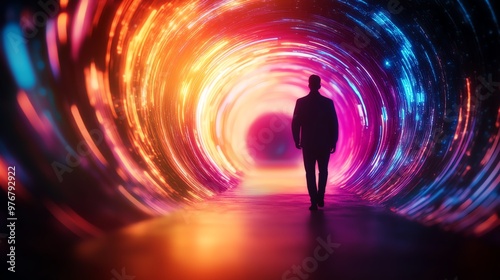 Silhouette of a person walking through a vibrant, futuristic tunnel with colorful lights, creating a sense of journey and exploration.