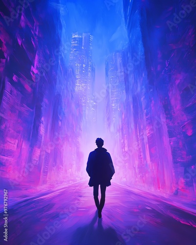 Silhouette of a person walking through a vibrant, neon-lit cityscape at night, surrounded by tall buildings and glowing lights.