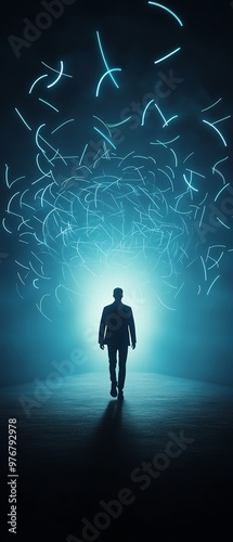 Silhouette of man walking into a bright tunnel with abstract light patterns. Futuristic and mysterious concept in blue tones.