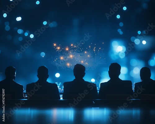 Silhouetted business professionals in a dimly lit room with glowing blue lights in the background, emphasizing teamwork and corporate synergy.