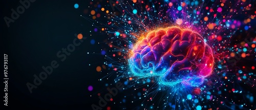 Vibrant illustration of a human brain with colorful neural pathways, symbolizing creativity and intelligence on a dark background.