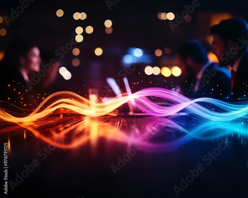 Vibrant nightlife atmosphere with abstract colorful light trails and people enjoying socializing in a modern bar setting.