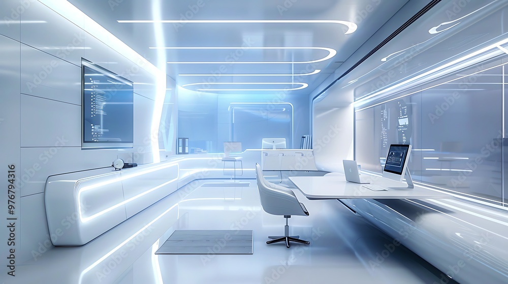 © improvee design - Minimalist futuristic office interior design with clean lines white surfaces and integrated technology for modern workspace innovation productivity and smart environment concept.