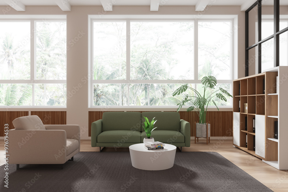 Fototapeta premium Lounge zone interior with sofa and coffee table, shelf and panoramic window