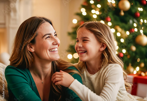 Warm and inviting scene of mother and daughter near Christmas tree, sharing laughter