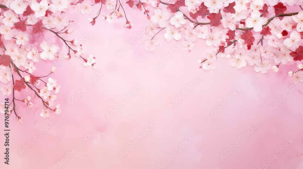 Fototapeta premium Pink Cherry blossom Illustration. Frame of Sakura Cherry Blossoms Spring flower