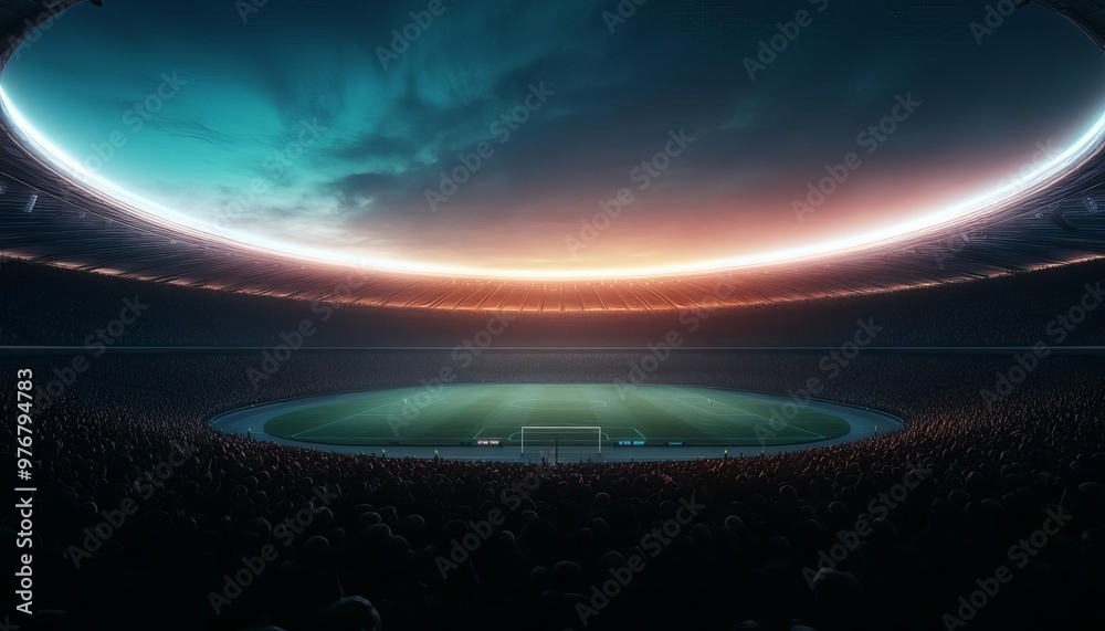 A stunning view of a stadium at dusk, showcasing the vibrant colors in the sky and an energetic crowd ready for the game. A stunning view of a stadium at dusk, showcasing the vibrant colors in the sky and an energetic crowd ready for the game.