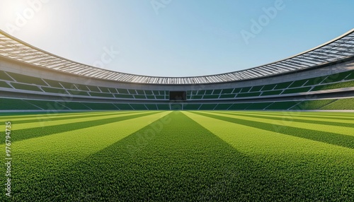 A vibrant stadium landscape with a clear sky and well-manicured grass field, perfect for sporting events and outdoor activities.