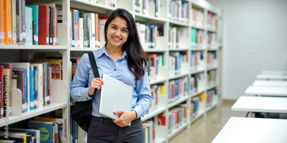 Indian Female Student Holding Laptop While Standing in a University Library Indian Female Student Holding Laptop While Standing in a University Library