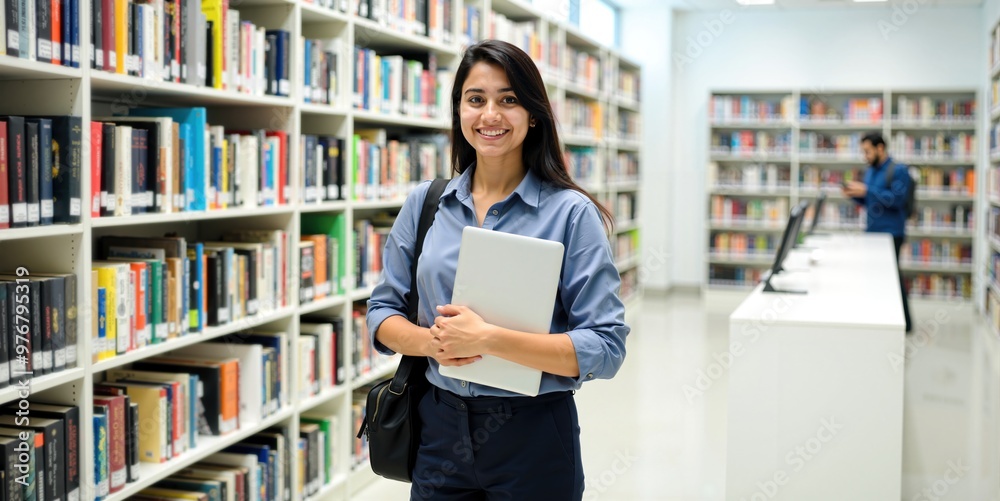Indian Female Student Holding Laptop While Standing in a University Library Indian Female Student Holding Laptop While Standing in a University Library