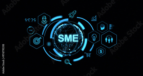 Wallpaper Mural Digital representation of SME concept with various icons on dark background. 3D Rendering Torontodigital.ca