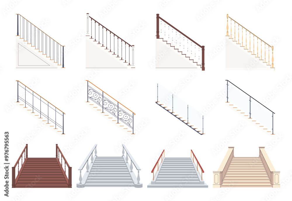 A set of wooden, stone and metal stairs in the interior of the house. Ascent to the upper floor. Vector illustration