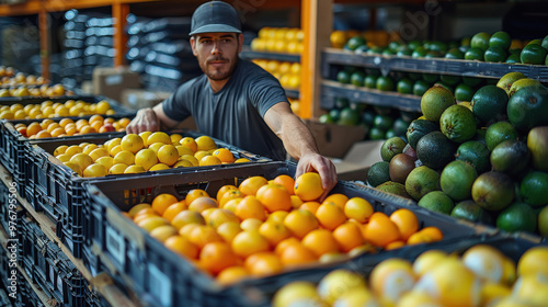 seller working in a supermarket at greengrocer shop