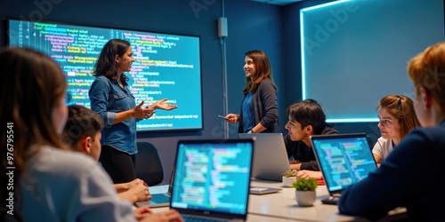 Indian Female Programming Teacher Explains Coding to Engaged Students in Tech Classroom