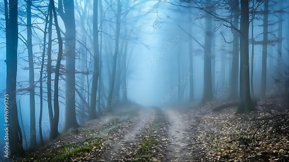 A forest path coated in fog in the early spring has an eerie charm that emits a feeling of peace A forest path coated in fog in the early spring has an eerie charm that emits a feeling of peace