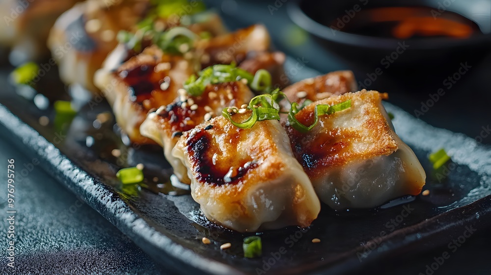 Hyper-realistic depiction of fresh Japanese gyoza dumplings, crispy on the outside, served with dipping sauce, sharp textures Hyper-realistic depiction of fresh Japanese gyoza dumplings, crispy on the outside, served with dipping sauce, sharp textures