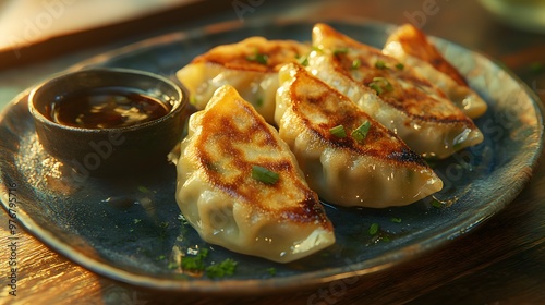 Hyper-realistic depiction of fresh Japanese gyoza dumplings, crispy on the outside, served with dipping sauce, sharp textures