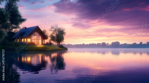 Scenic view of a house by a tranquil lake, illuminated by a pink and purple sunset sky, calm water mirroring the sky colors, a peaceful and reflective mood, warm light casting a gentle glow,