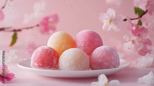 Hyper-realistic graphic of Japanese mochi ice cream, colorful and vibrant, with sharp textures and fresh look
