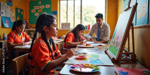 Happy Indian School Girl Engaged in Art Lesson, Painting with Bright Colors