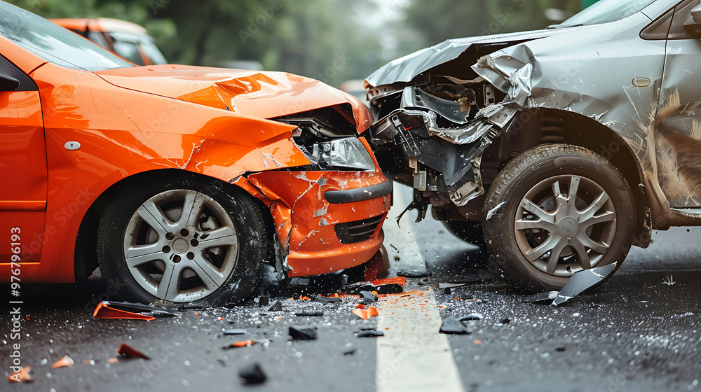 Car accident concept illustration with two cars crashing together. Car accident concept illustration with two cars crashing together.