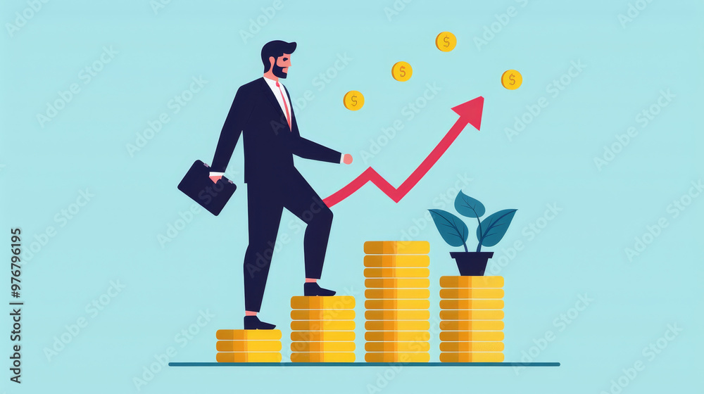 Businessman Climbing Stairs of Gold Coins Businessman Climbing Stairs of Gold Coins