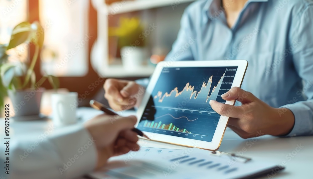 Business People Analyzing Financial Data on Tablet Business People Analyzing Financial Data on Tablet