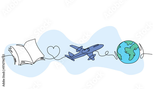 Vector illustration of education and dreams of traveling the world. Modern flat in continuous line style.
