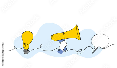 Vector illustration of conveying ideas via megaphone and chat. Modern flat in continuous line style.