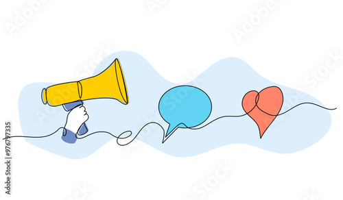 Vector illustration of announcements via chat media and megaphone. Modern flat in continuous line style.