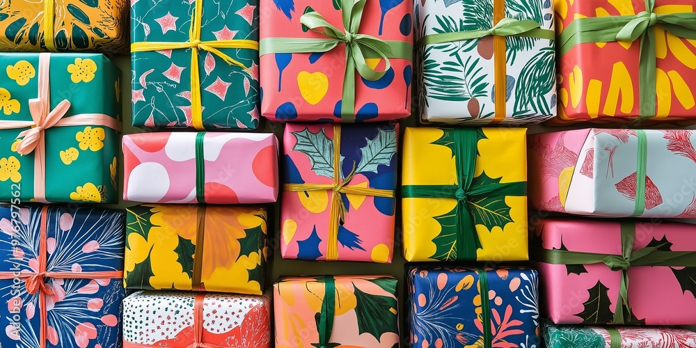 A row of colorful presents with green ribbons and flowers on them. The presents are arranged in a way that they look like they are stacked on top of each other. Scene is cheerful and festive A row of colorful presents with green ribbons and flowers on them. The presents are arranged in a way that they look like they are stacked on top of each other. Scene is cheerful and festive