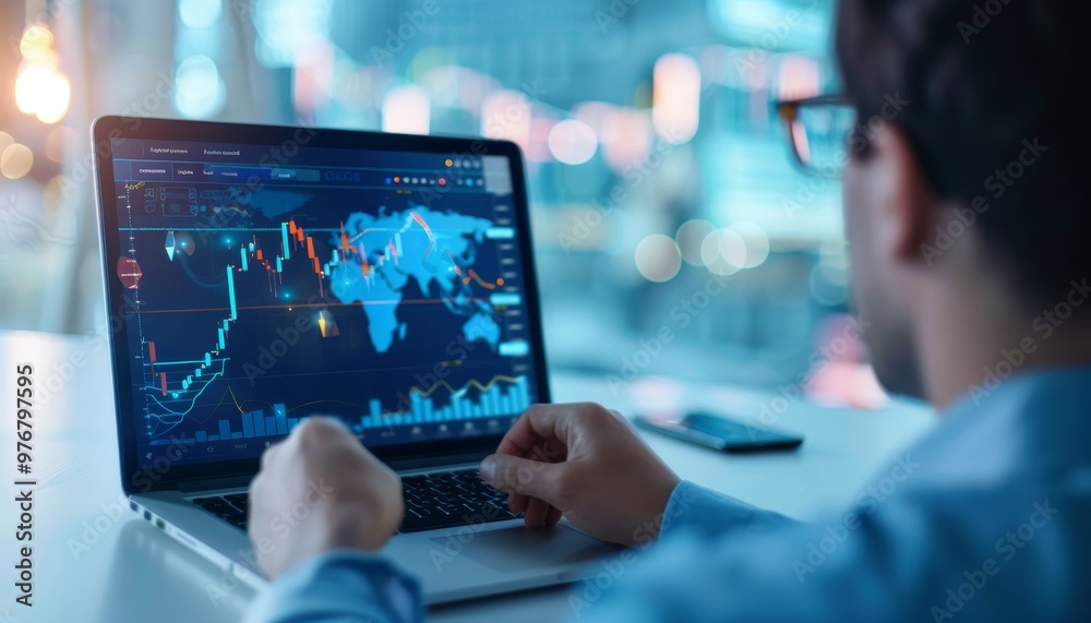 Businessman analyzing financial charts on laptop