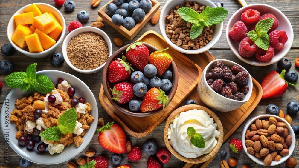 Savory mix of fresh fruit, crunchy nuts, crispy granola, and rich chocolate chips for a delightful frozen yogurt Savory mix of fresh fruit, crunchy nuts, crispy granola, and rich chocolate chips for a delightful frozen yogurt